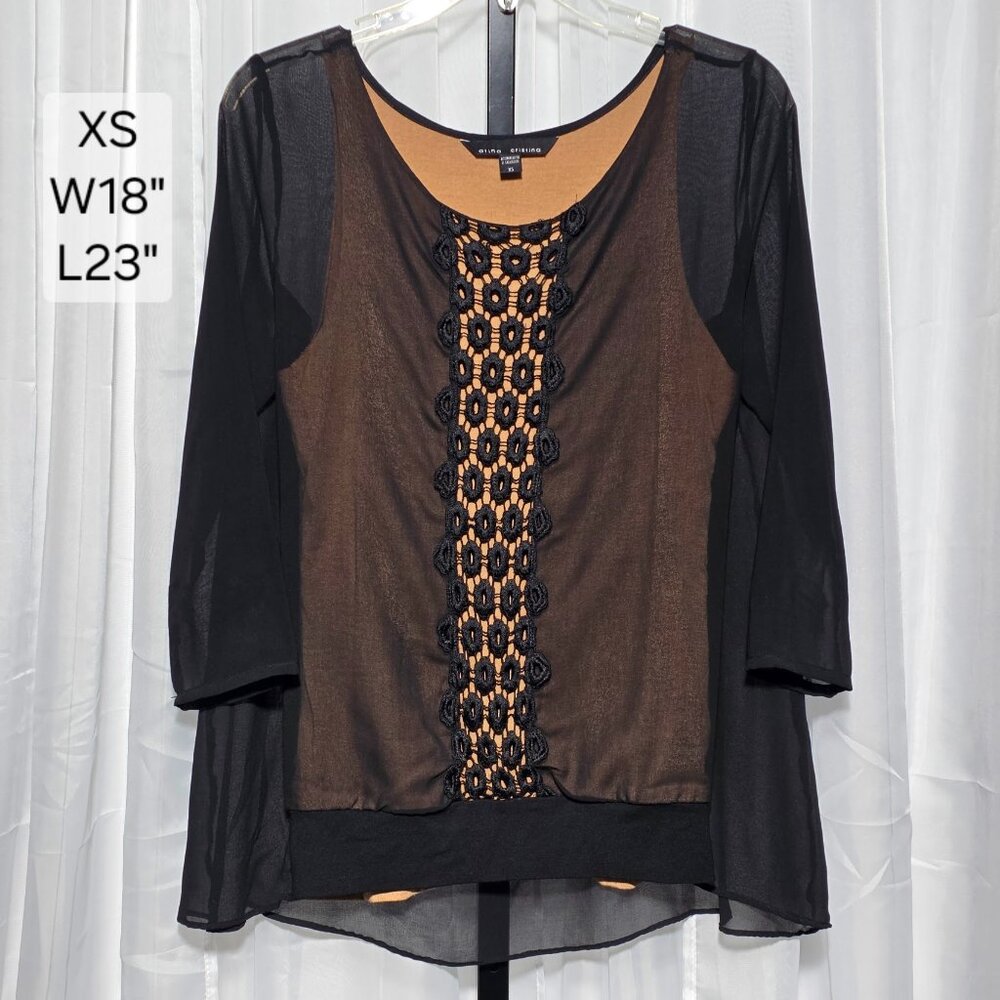 Atina Cristina Layered Crochet Trim Top Sheer Sleeve Black Camel XS